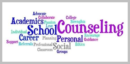 Word cloud with multiple words including school counseling, career, and academics Word cloud with multiple words including school counseling, career, and academics
