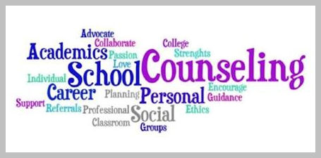 Word cloud with multiple words including school counseling, career, and academics