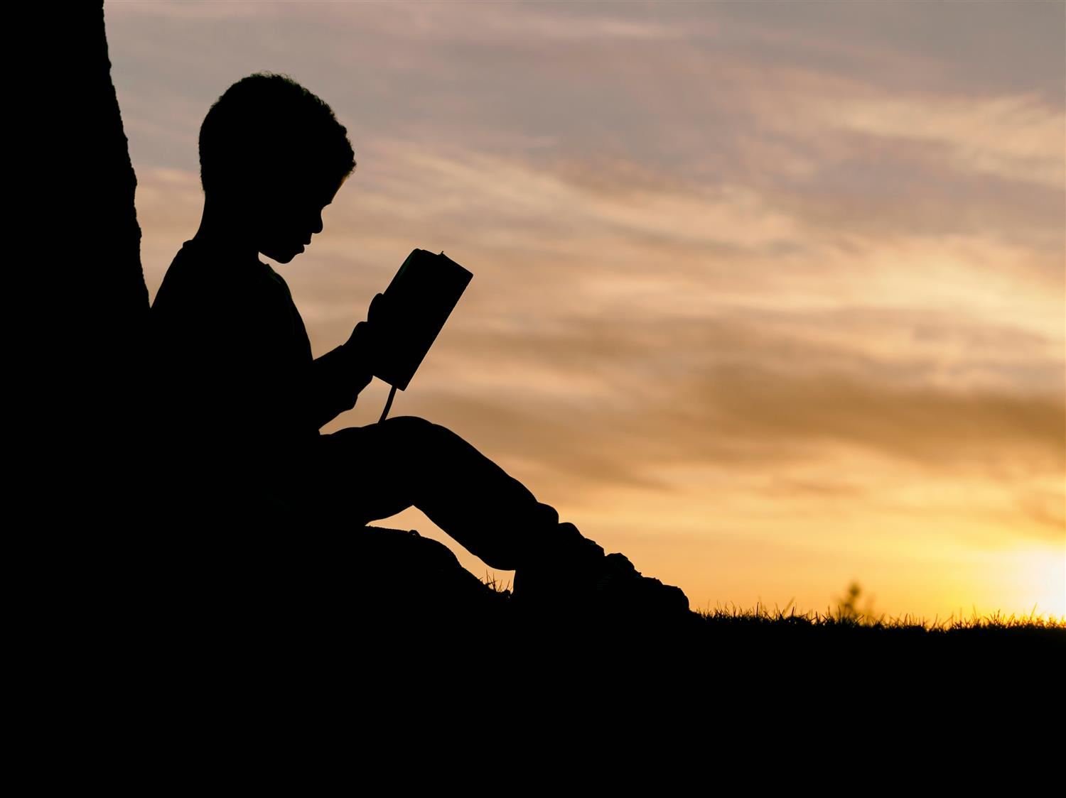 Silhouette of a boy sitting against a tree