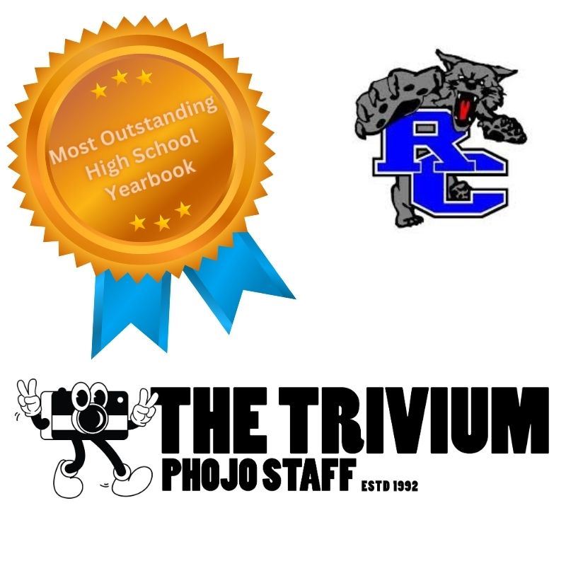 Golden badge with blue ribbon, RC logo with a wildcat, and text "THE TRIVIUM PHOJO STAFF ESTD 1992.